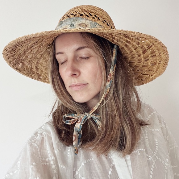 Vintage look straw sun hat with wide brim OS - Picture 2 of 9